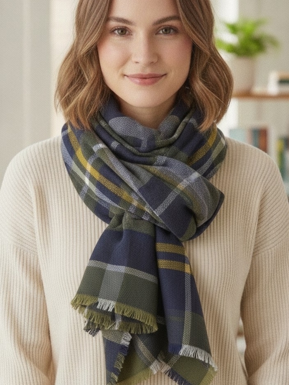 Shiraleah Olive Blue Yellow Plaid Fringe Scarf Wrap